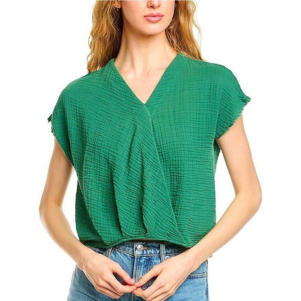 Michael Stars Evie Gauze Faux Wrap Top Medium Green Cotton Surplice Cap Sleeve
